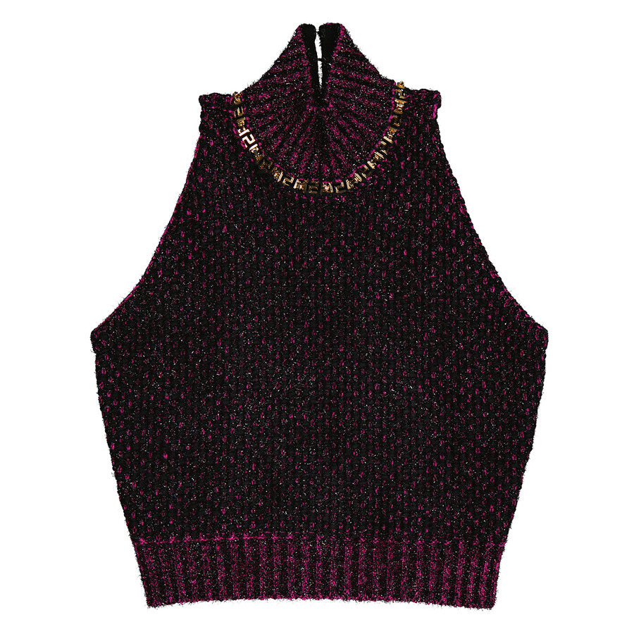 Versace Ladies Black / Multi Tweed Turtleneck Cropped Wool-blend Top - 1