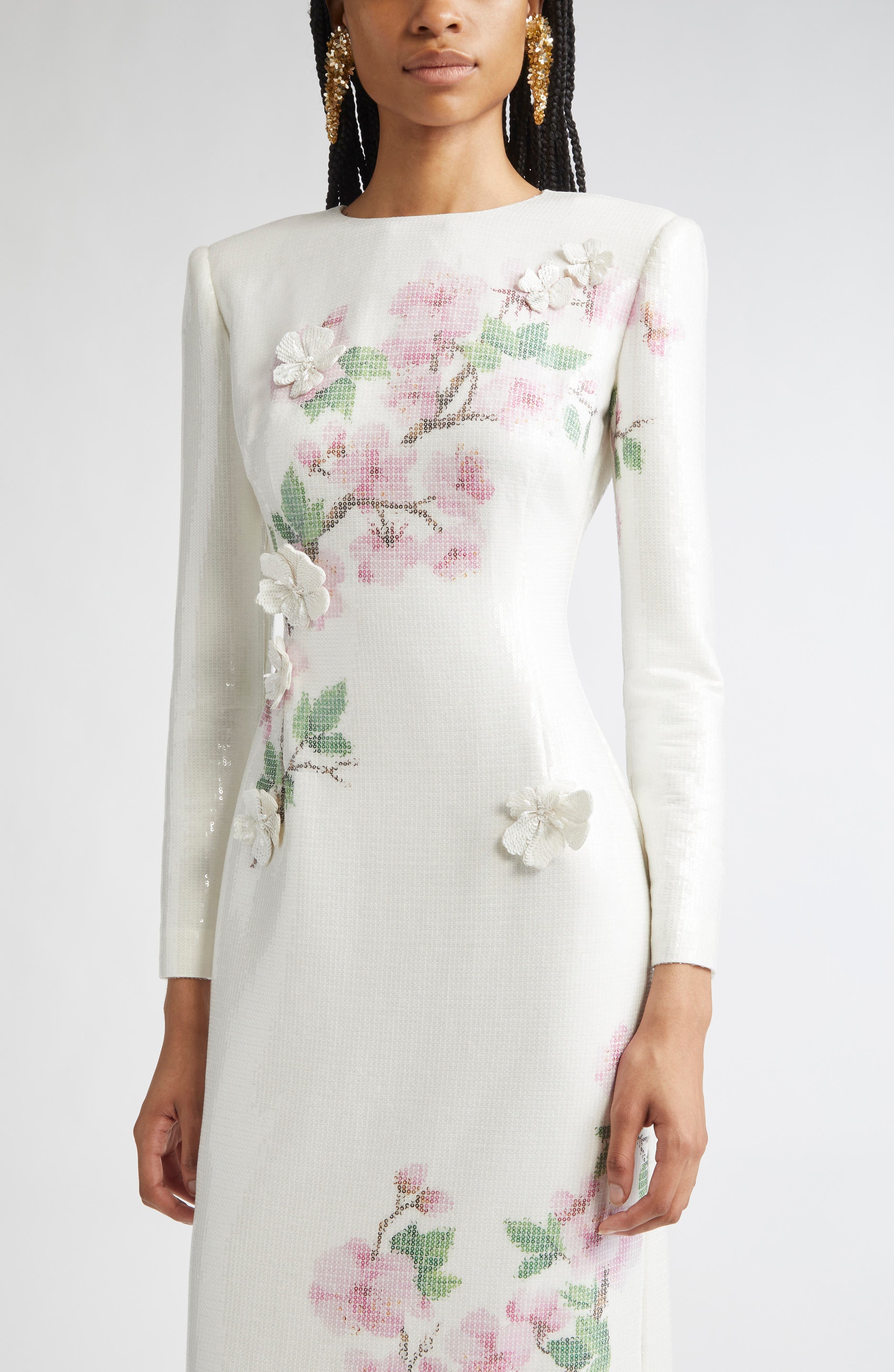 Oscar de la Renta Cherry Blossom Long Sleeve Sequin Jersey Column Gown in Pink/Ivory at Nordstrom - 4