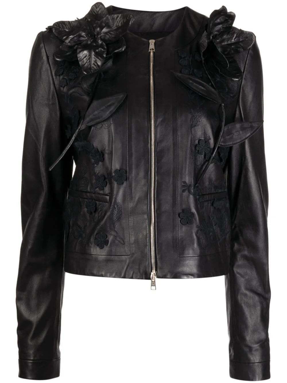 floral-embroidered leather jacket - 1