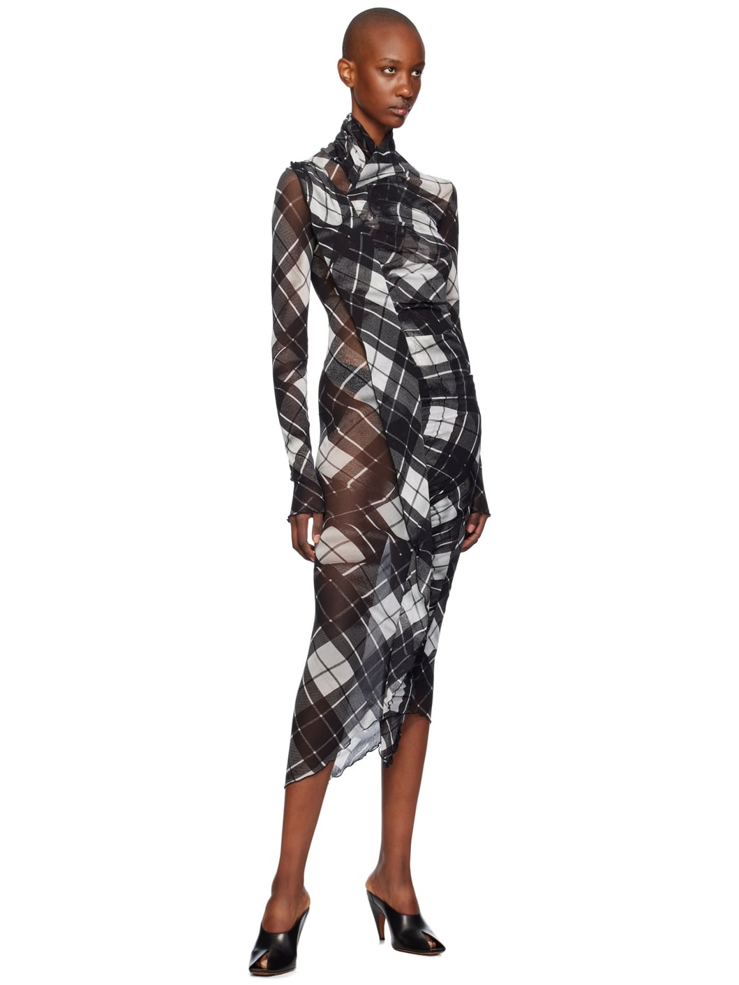 Black & White Distorted Tartan Midi Dress - 4