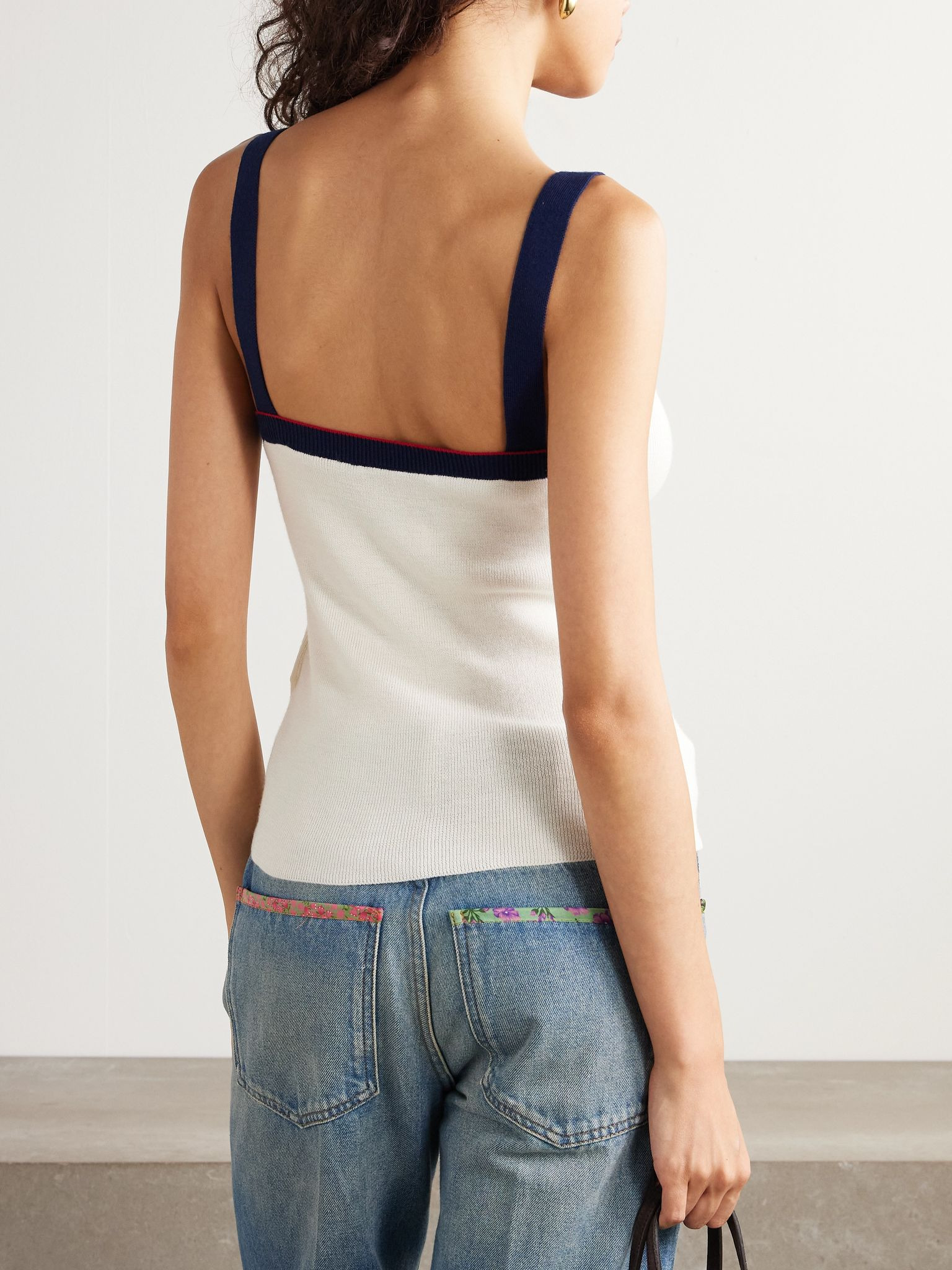 Embroidered striped wool tank top Cream - 3