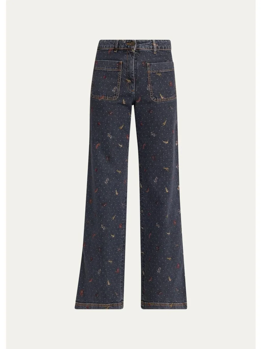 Patch Pocket Polka-Dot Denim Wide-Leg Jeans - 1