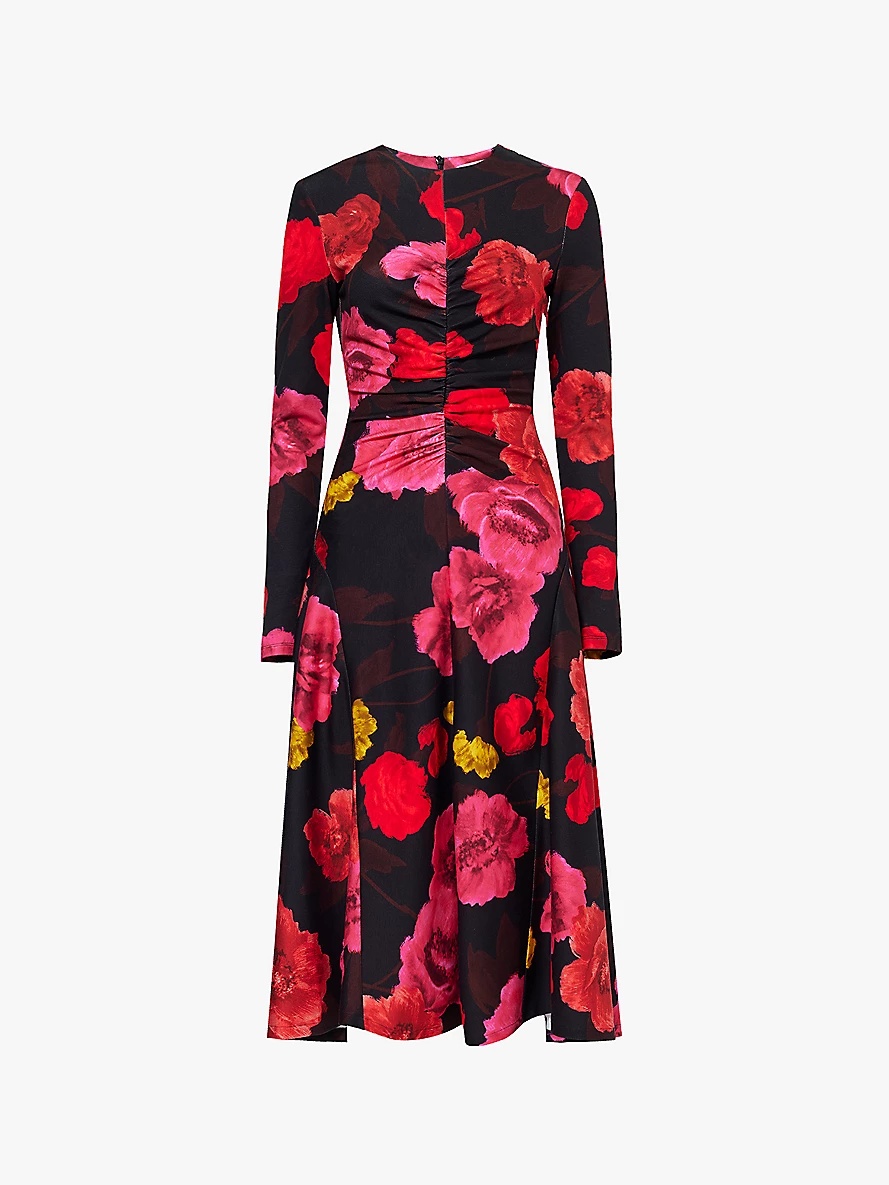 Floral-print ruched stretch-woven jersey midi dress - 1