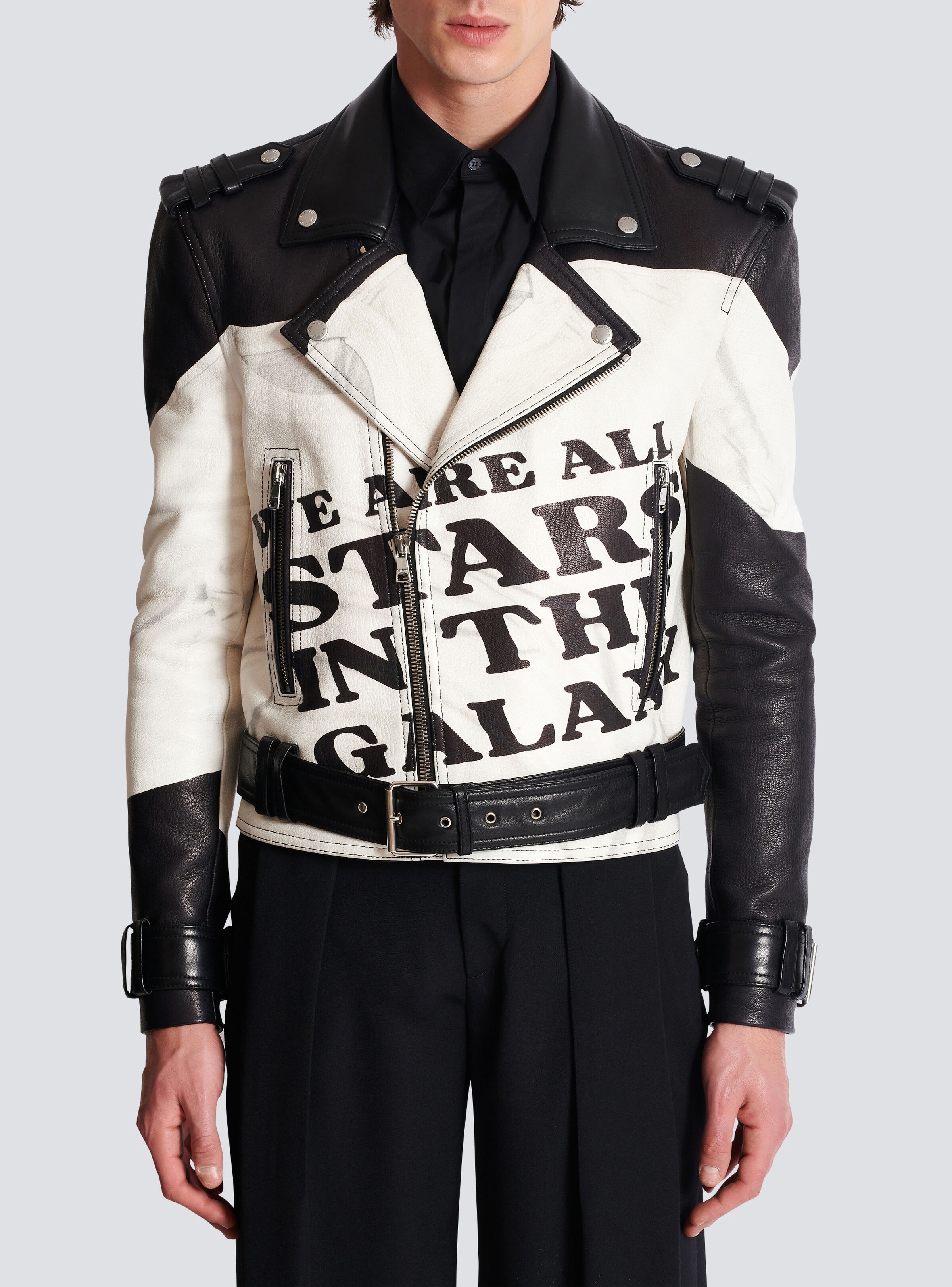 Leather biker jacket with trompe-l'œil T-shirt print - 5