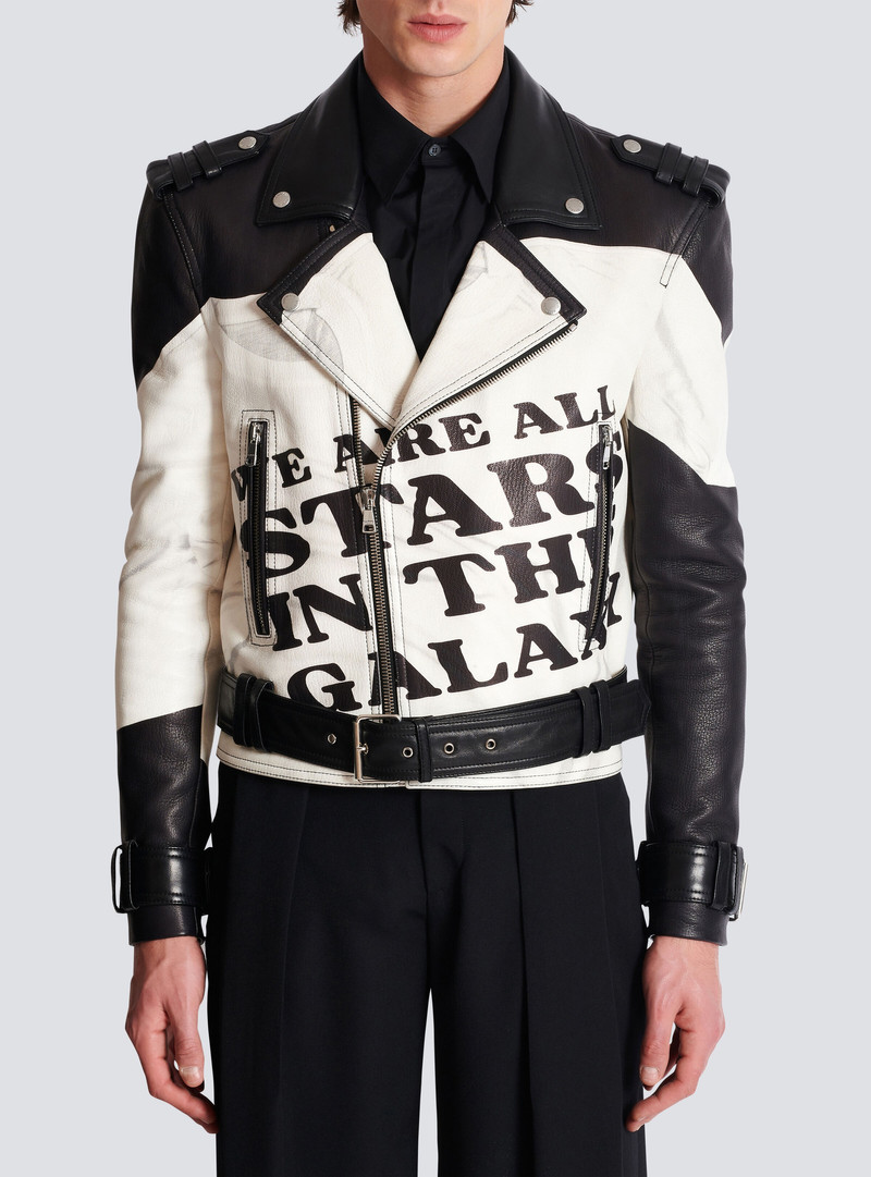 Leather biker jacket with trompe-l'œil T-shirt print 5
