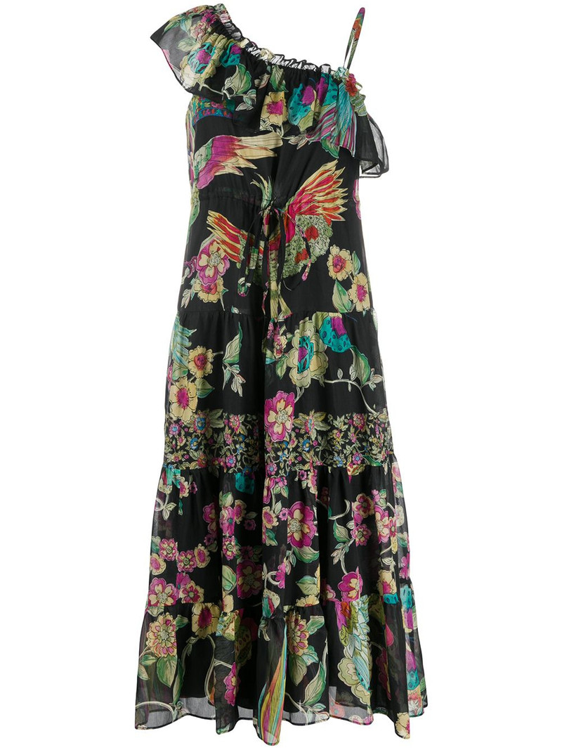 one shoulder bird print dress 1