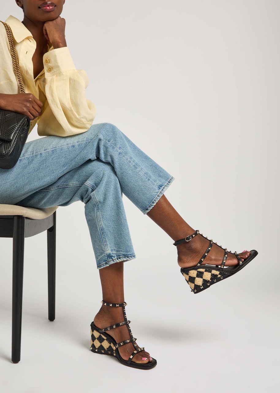 Valentino Rockstud 90 Leather and Raffia Wedge Sandals - 5