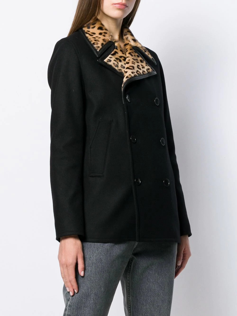 leopard print collar double-breasted coat - 3