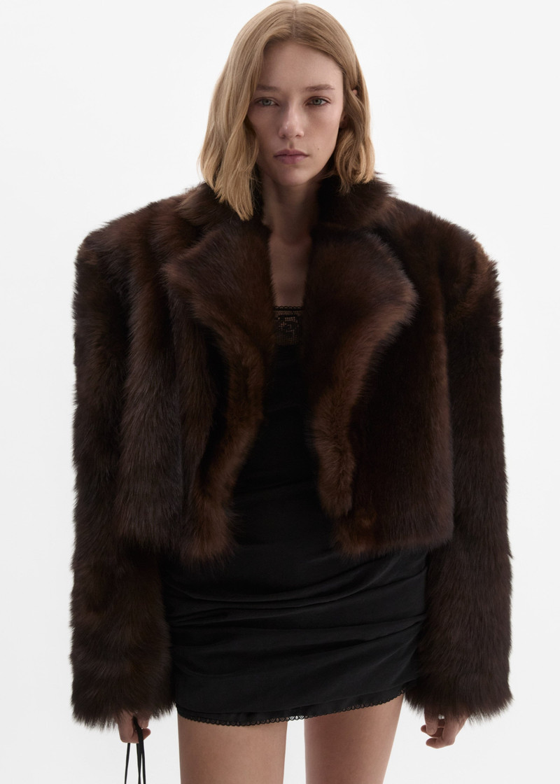 MAGDA BUTRYM Cropped faux fur jacket in brown with embroidered lining outlook