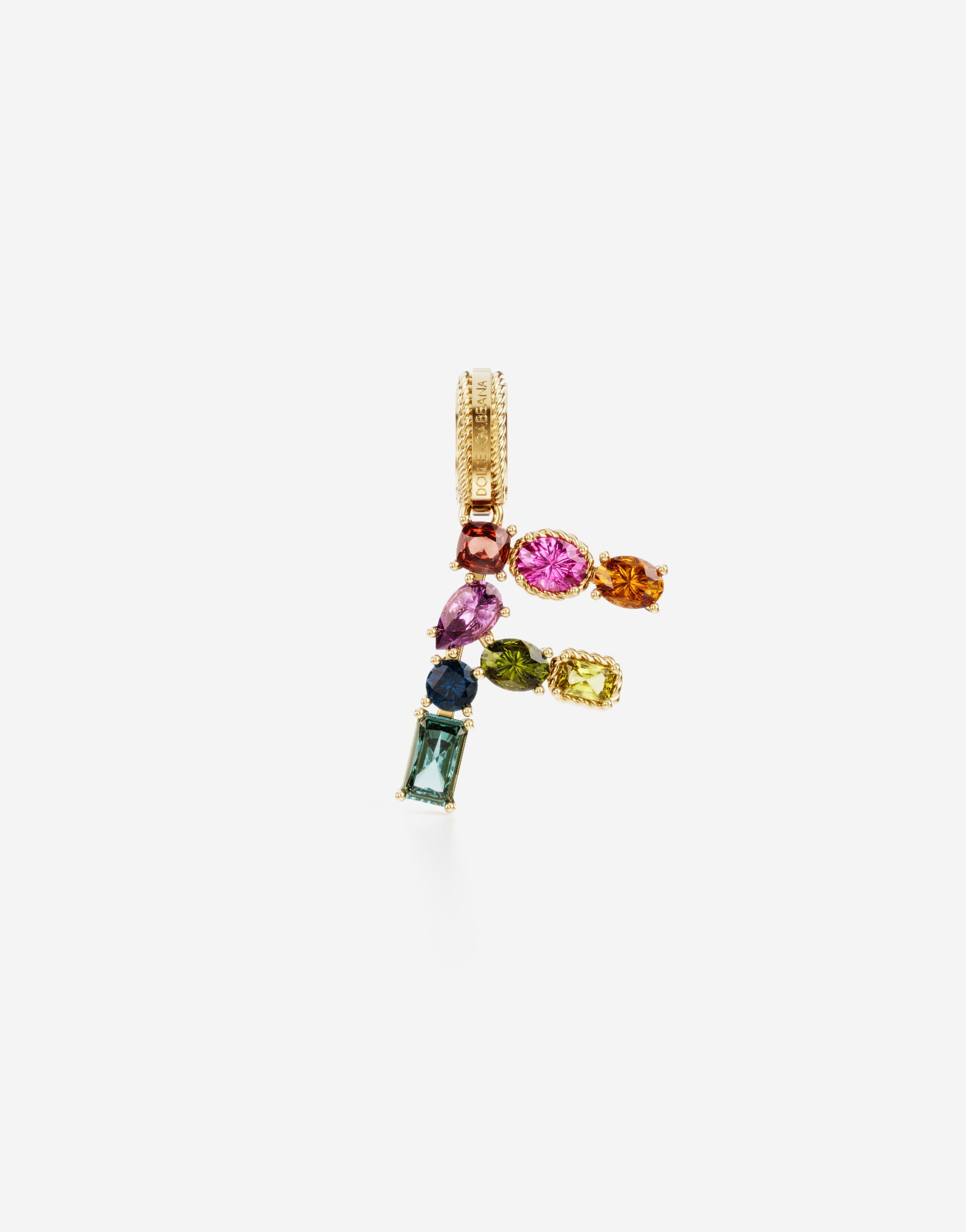 Rainbow alphabet F 18 kt yellow gold charm with multicolor fine gems - 1