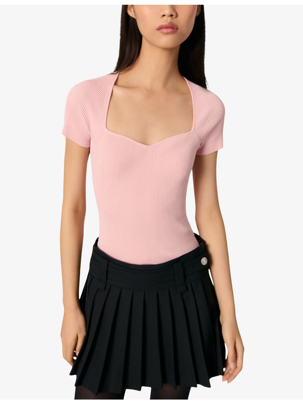 Sweetheart-neck short-sleeve stretch-knit jumper - 3