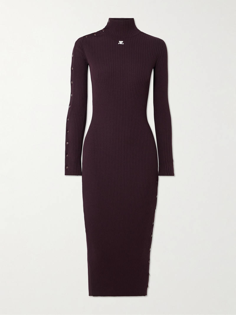 Embroidered Ribbed-knit Turtleneck Midi Dress 1