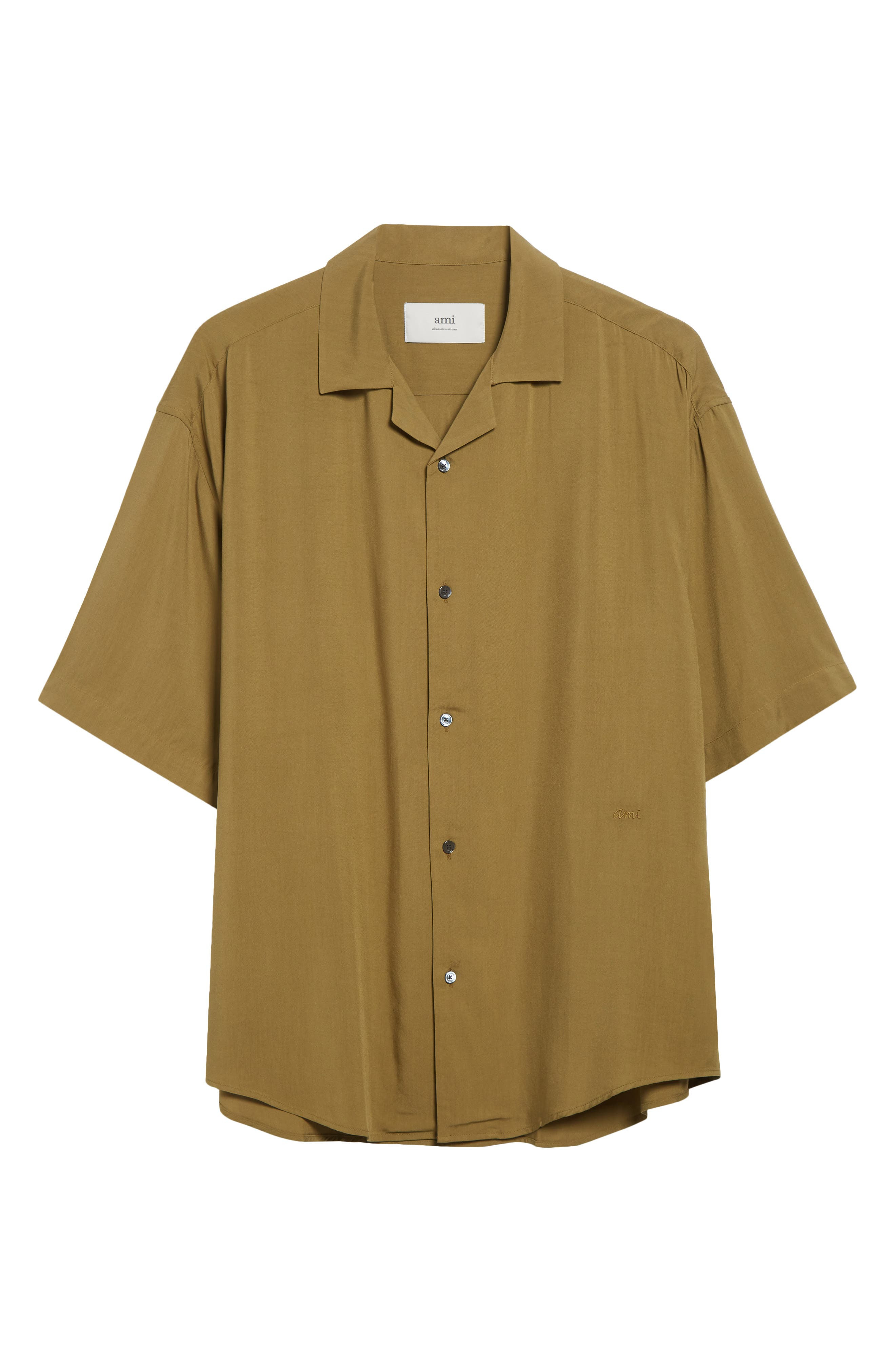AMI PARIS Logo Embroidered Camp Shirt in Bronze at Nordstrom - 5