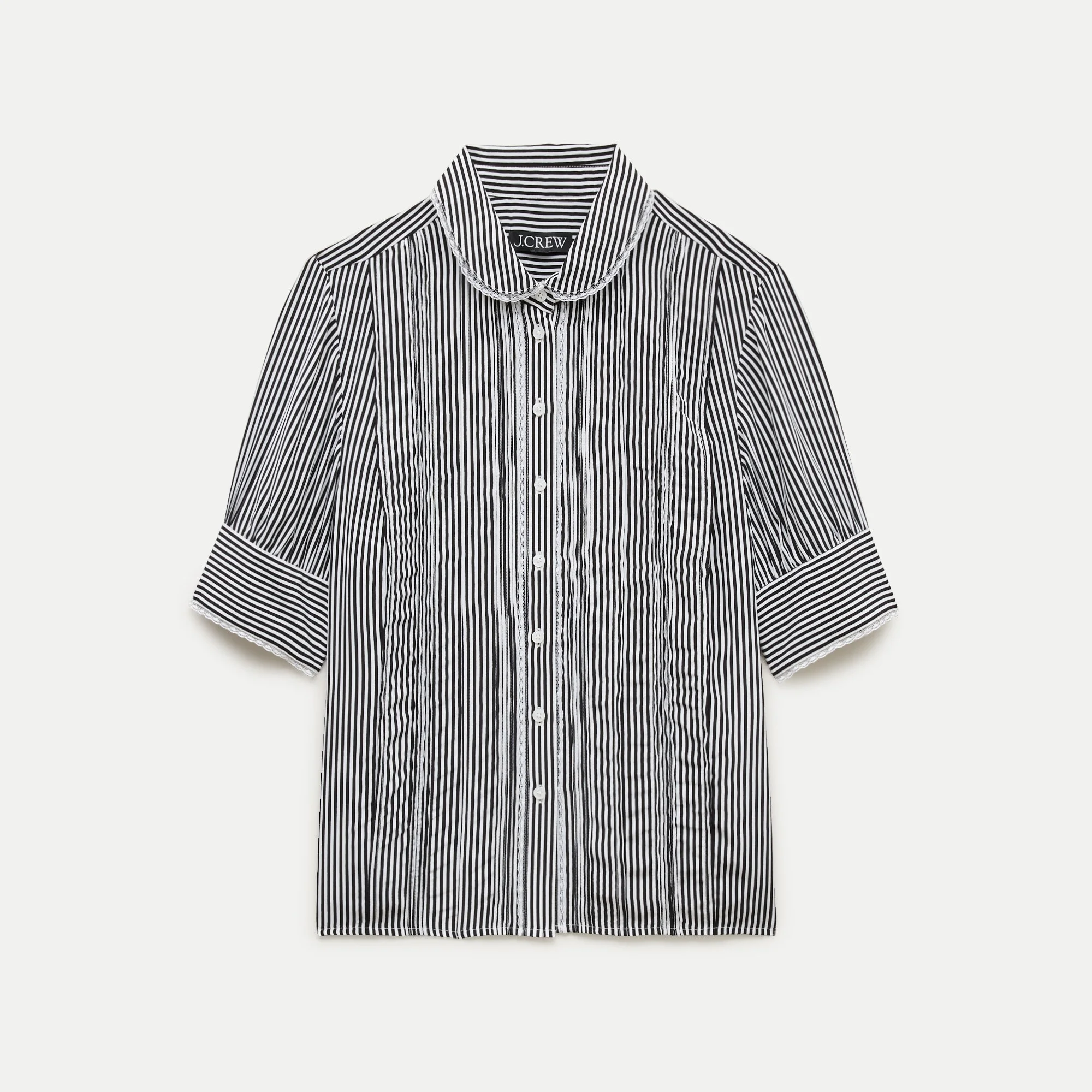 Lace-trim button-up top in striped crepe de chine - 1