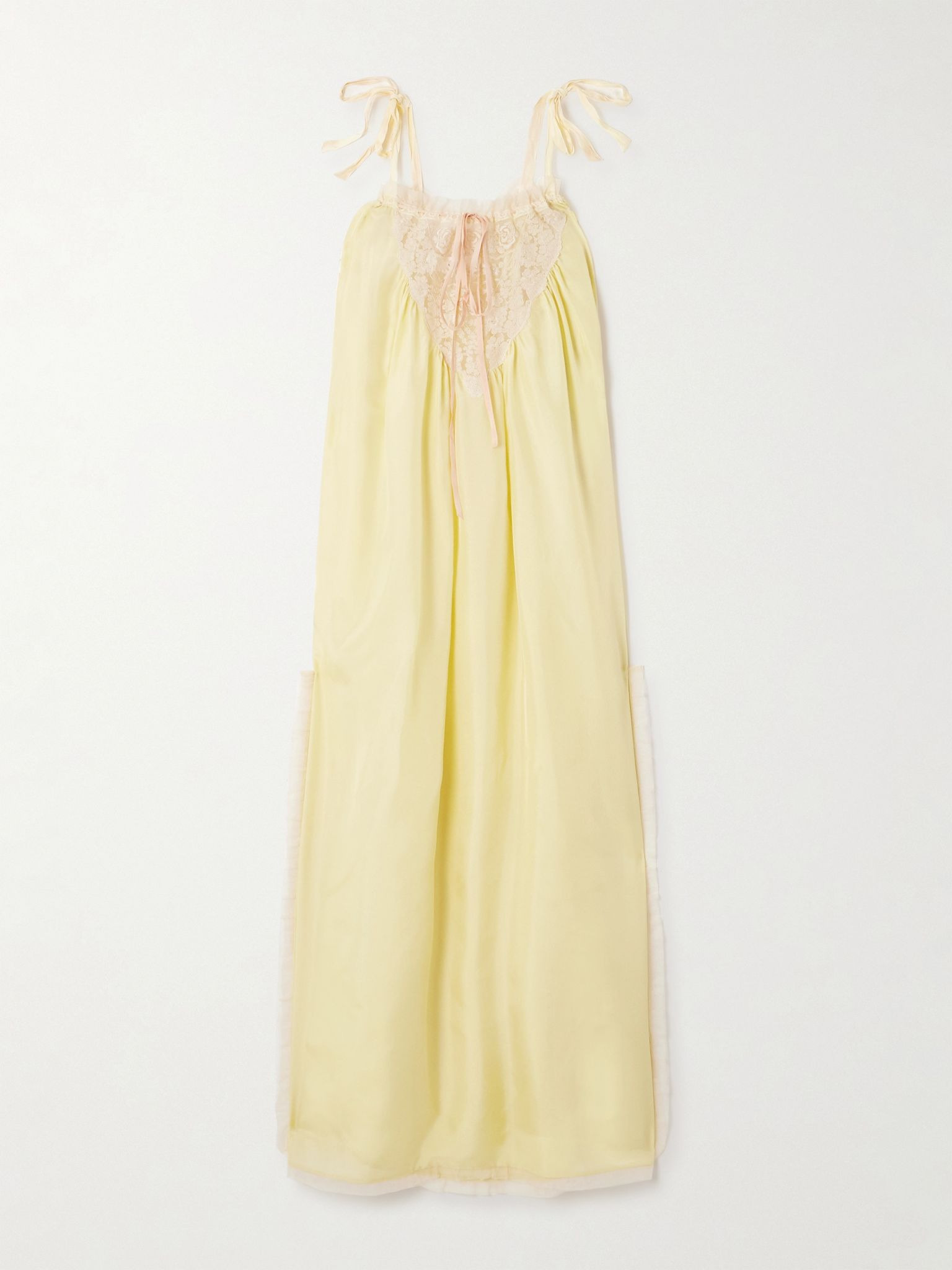 Gathered lace-trimmed silk-habotai midi dress Yellow - 1