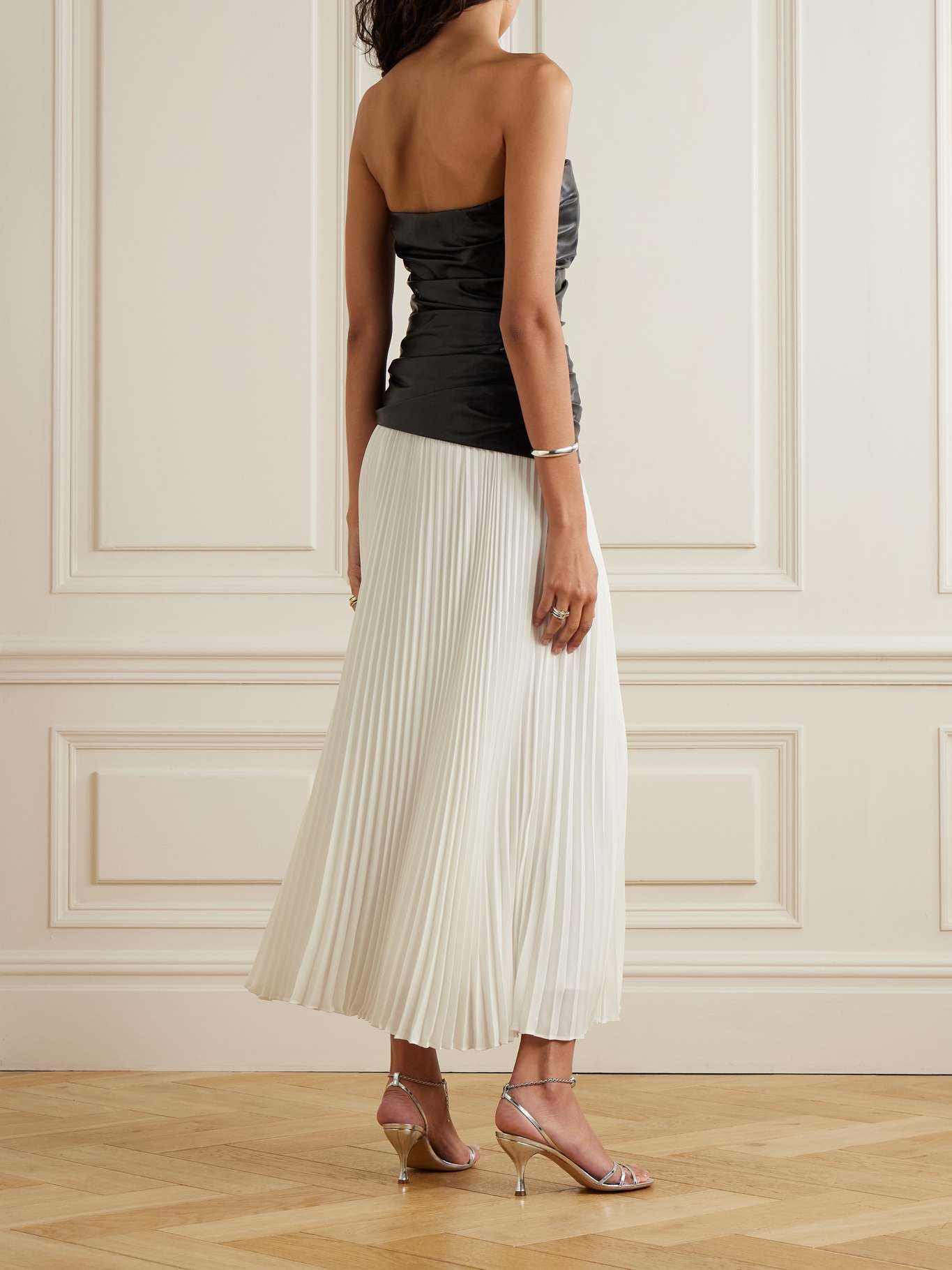 Arie ruched strapless faux leather and pleated crepe de chine midi dress - 3