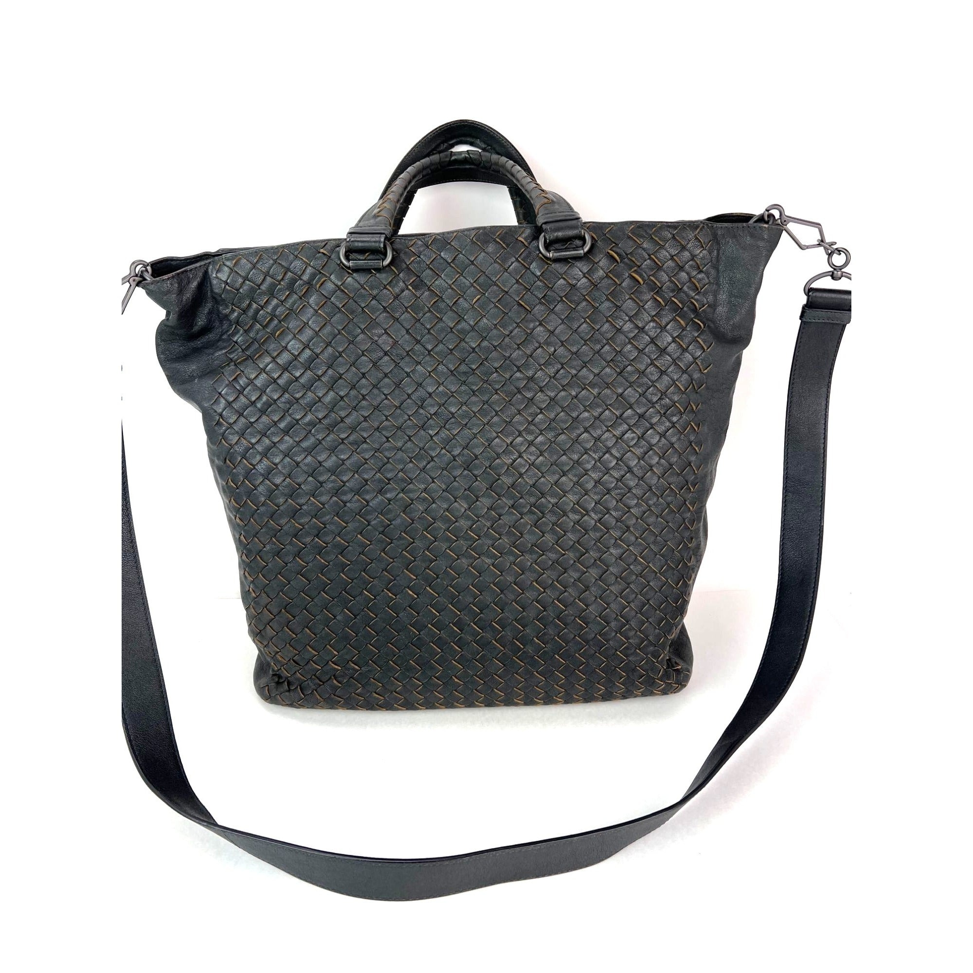 Bottega Veneta Intreciato Black leather zippered Messenger Tote Bag - 2