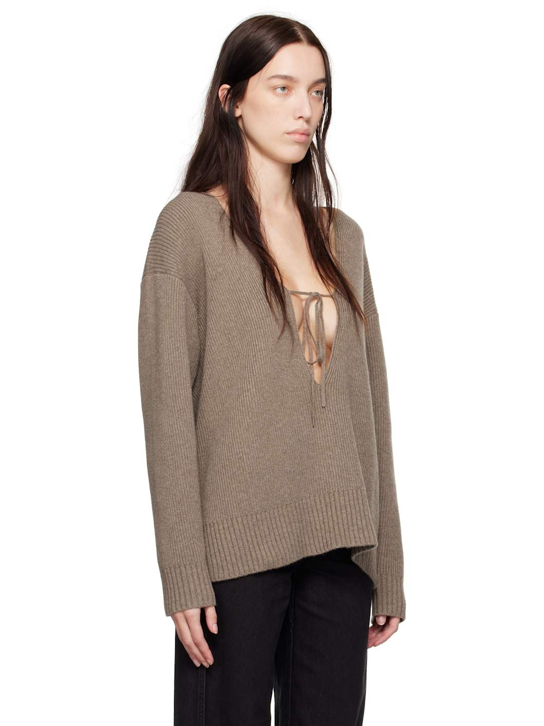 Taupe Cashmere V-Neck Sweater - 2