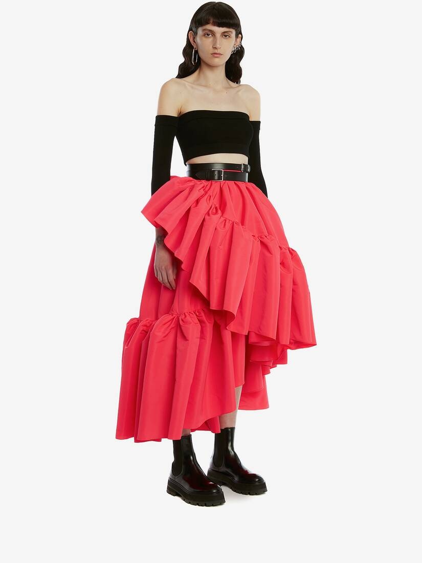 Gathered Ruffle Midi Skirt in Neon Pink - 3
