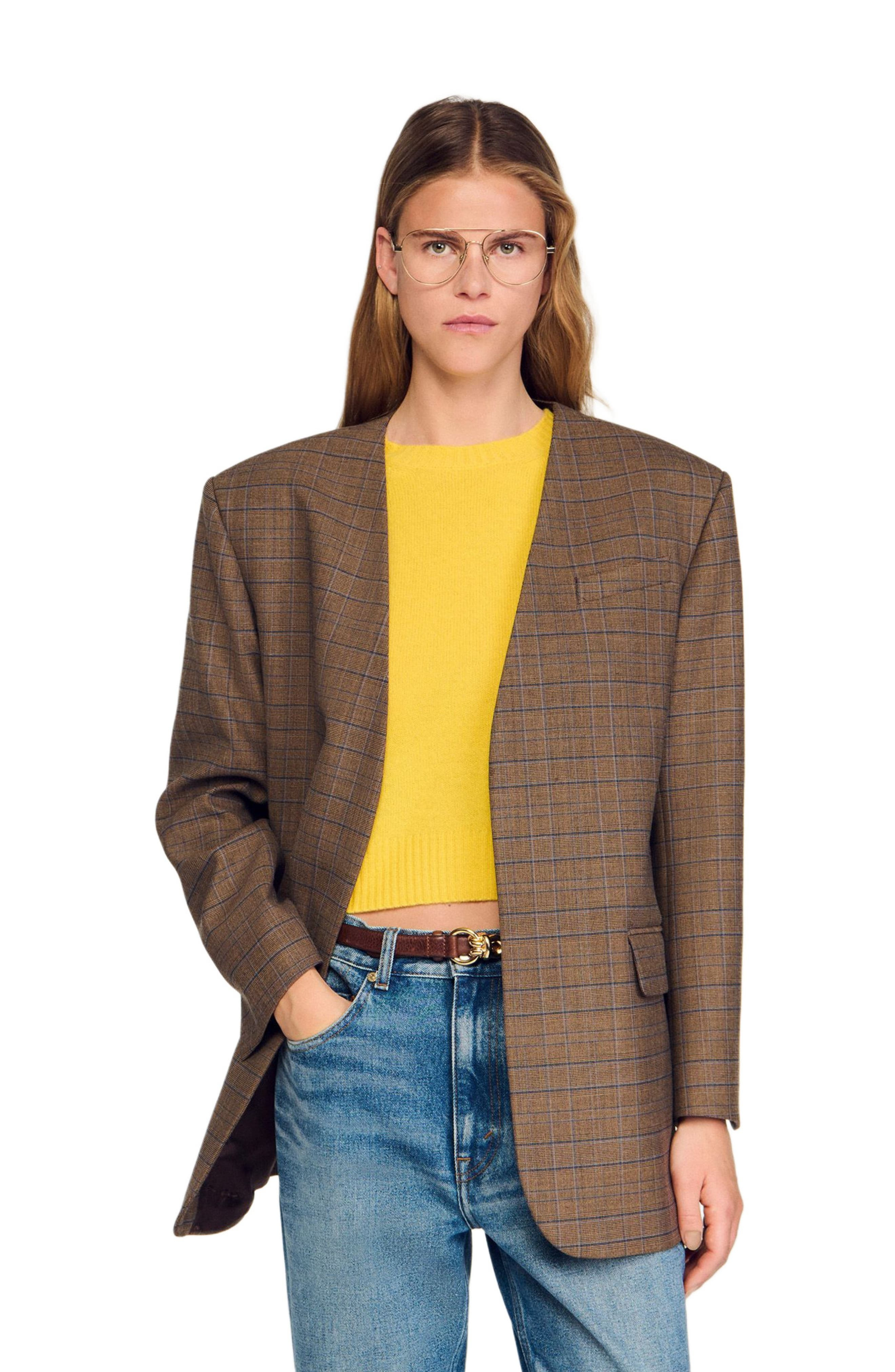 SANDRO Oversized checked jacket in Ocher /Blue at Nordstrom - 1