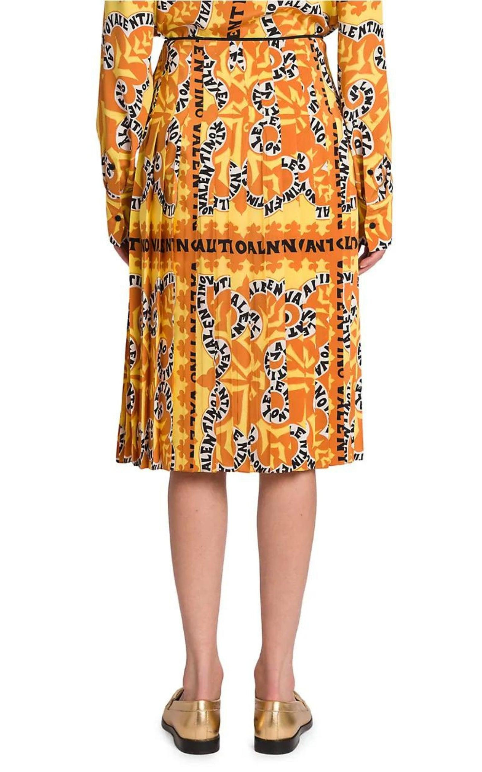 Pleated Logo Print Silk Midi Skirt - 5