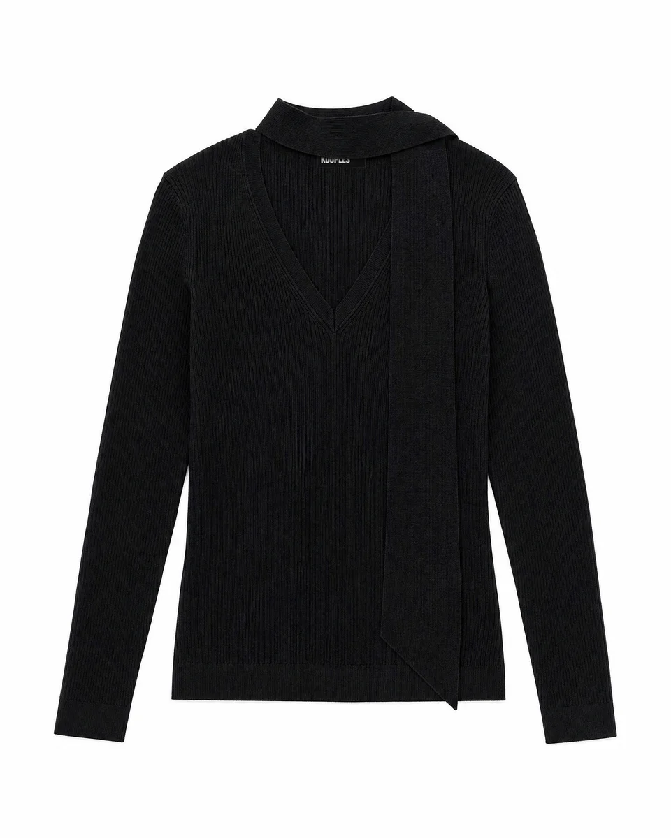 GRAY MERINO WOOL SWEATER WITH A LAVALLIÈRE COLLAR - 1