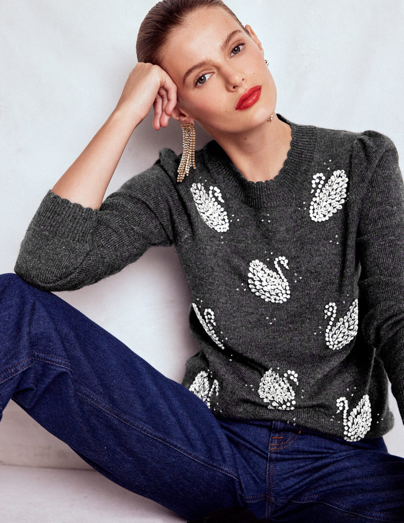 Elizabeth Embellished Sweater-Charcoal Melange Swans 3