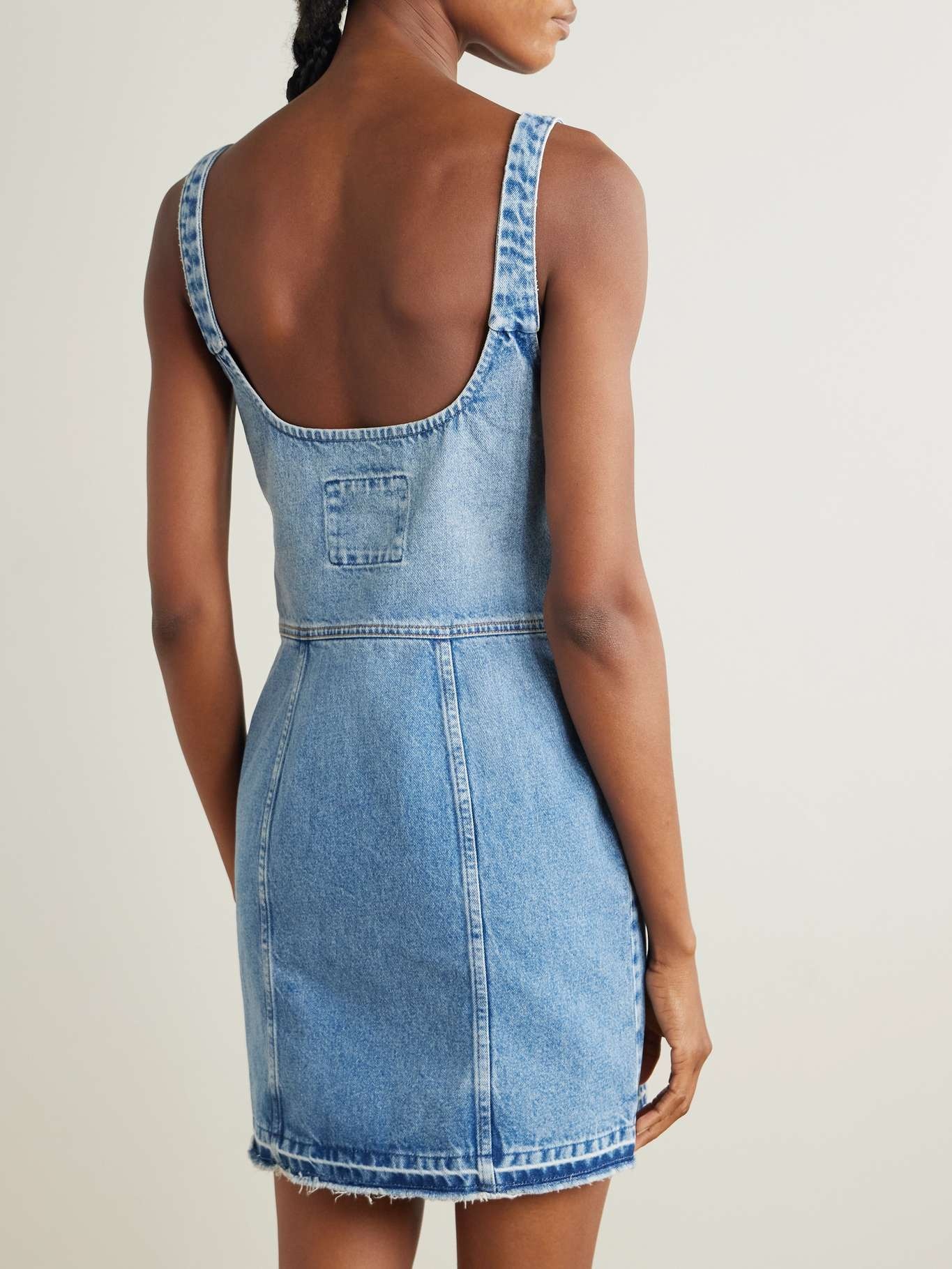 Frayed paneled organic denim mini dress Blue - 3