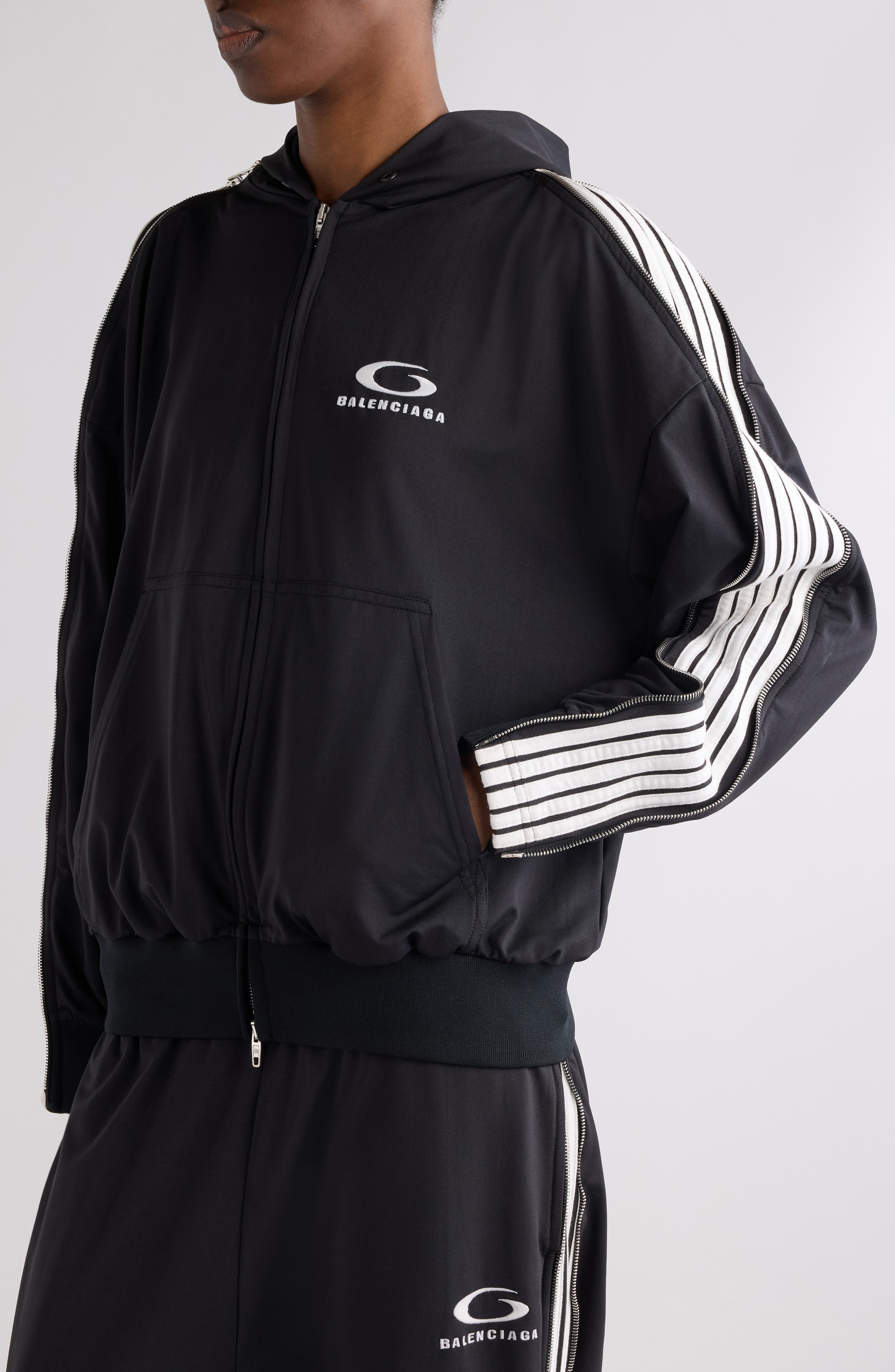 Balenciaga Loop Sports Icon Full Zip Hoodie in Black/White at Nordstrom - 6