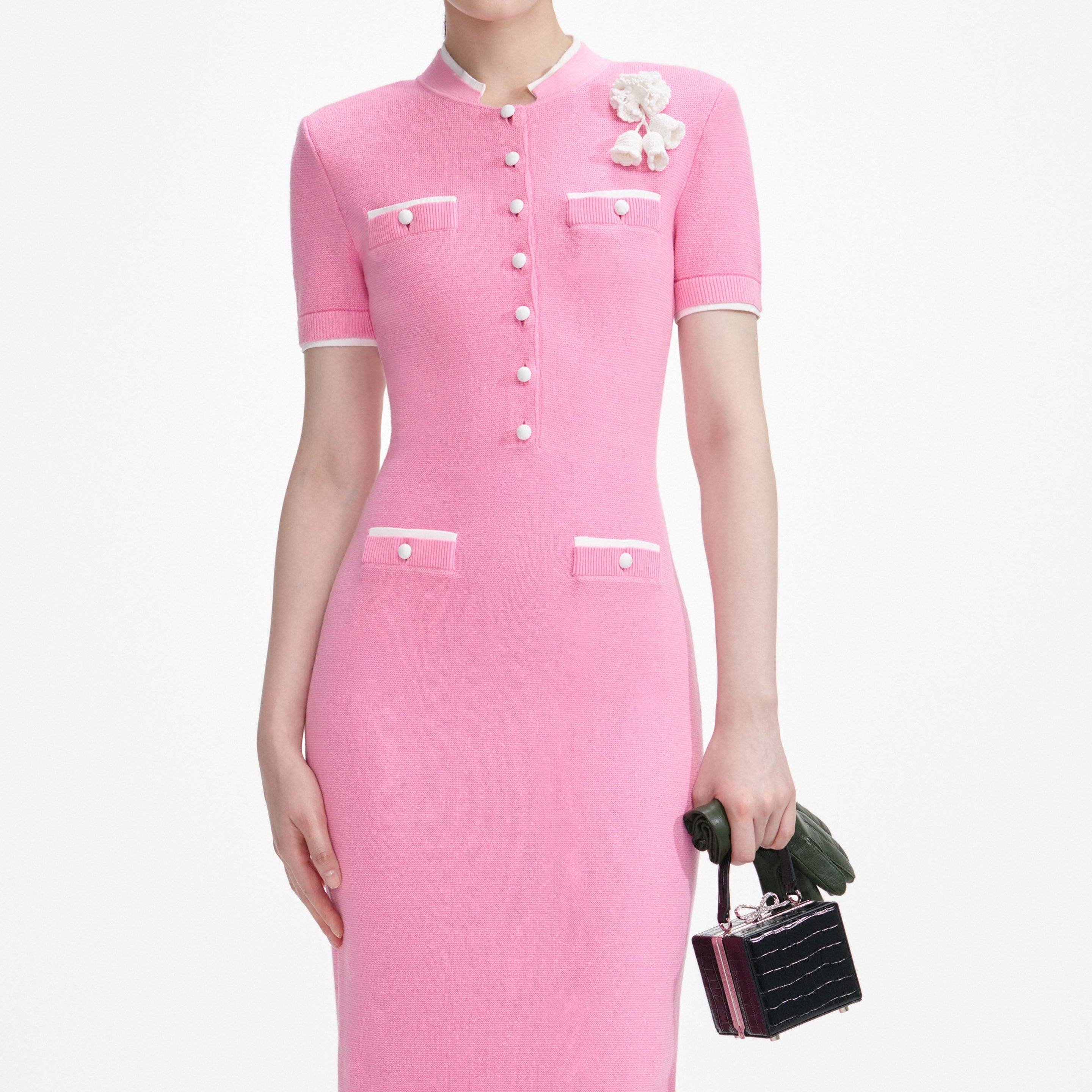 Pink Crochet Flower Knit Midi Dress - 4