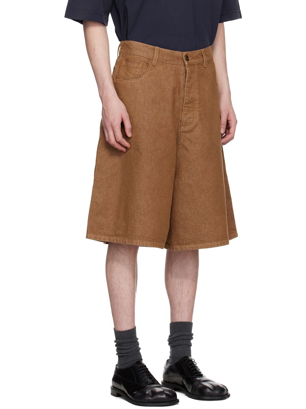 Brown Aged Denim Shorts - 2