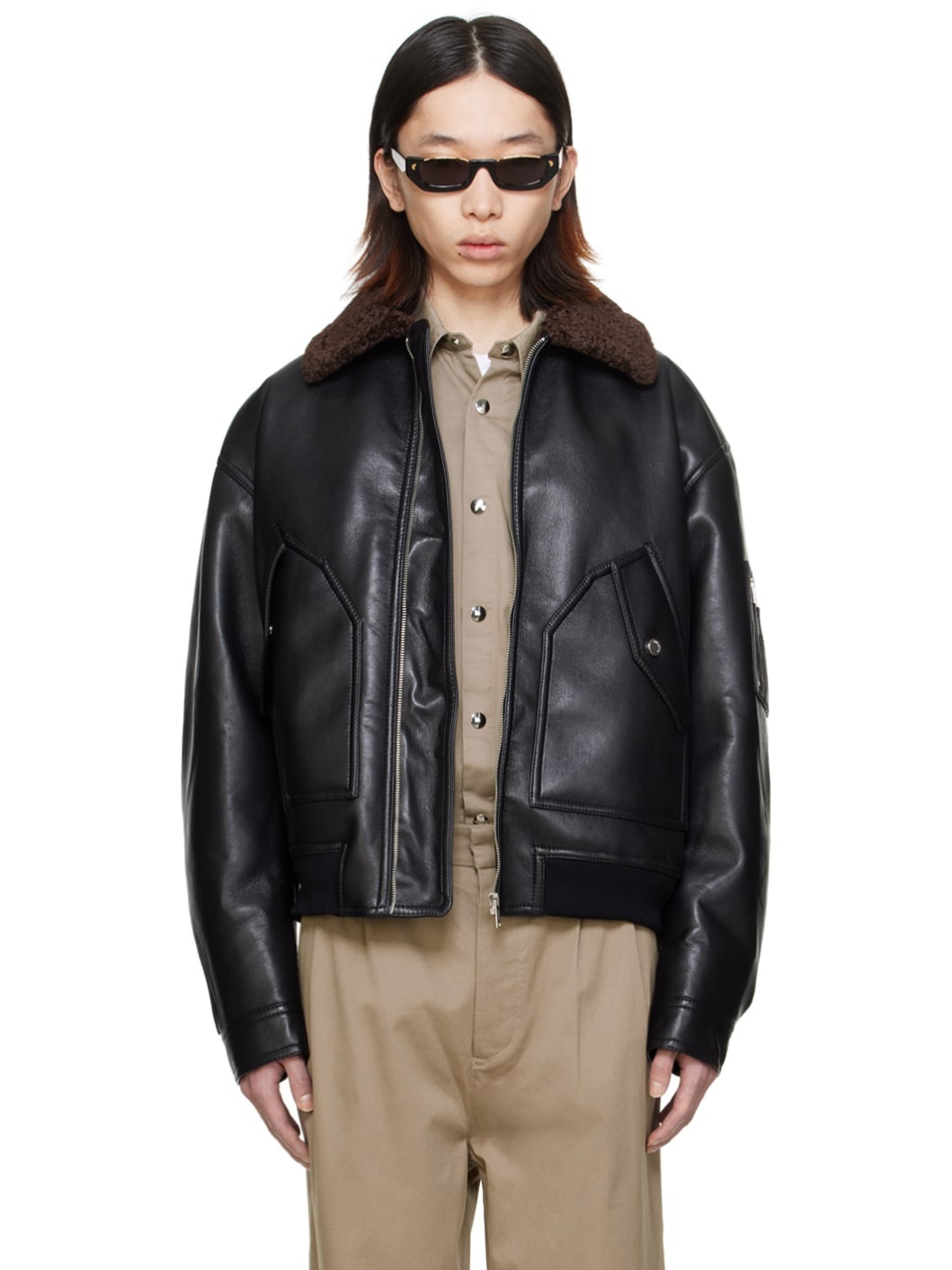 Black Lude Vegan Leather Bomber Jacket - 1