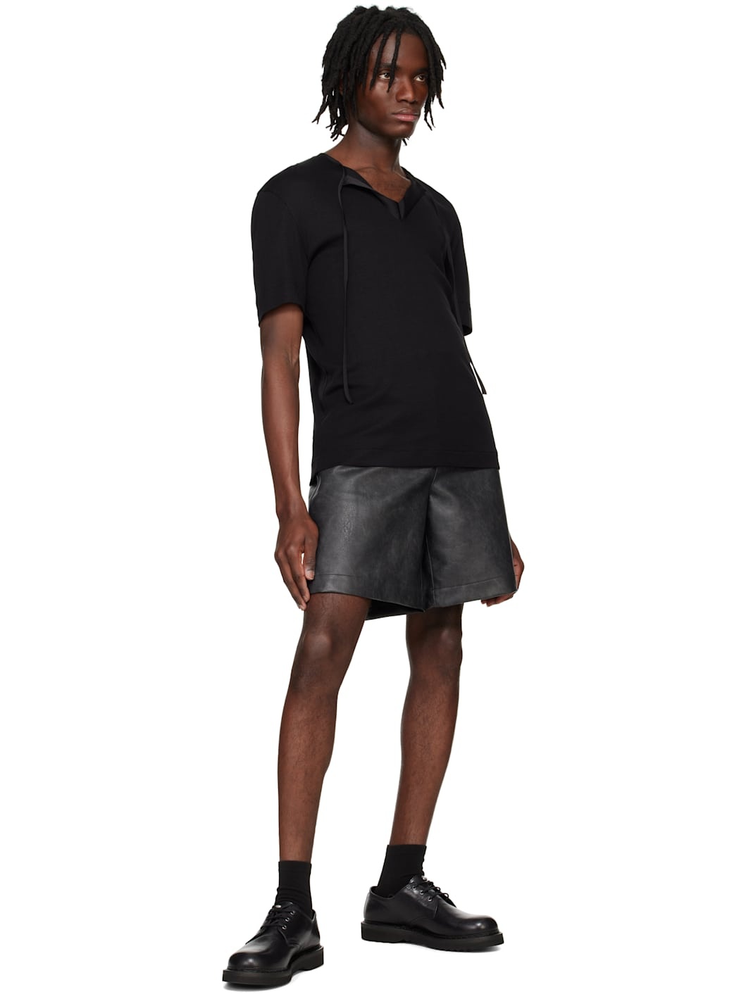 Black Lined Faux-Leather Shorts - 4
