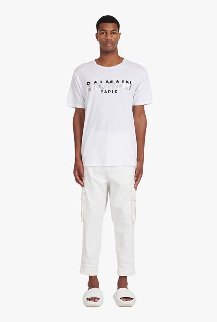 Oversized white eco-designed cotton T-shirt with black and silver Balmain logo print - 4