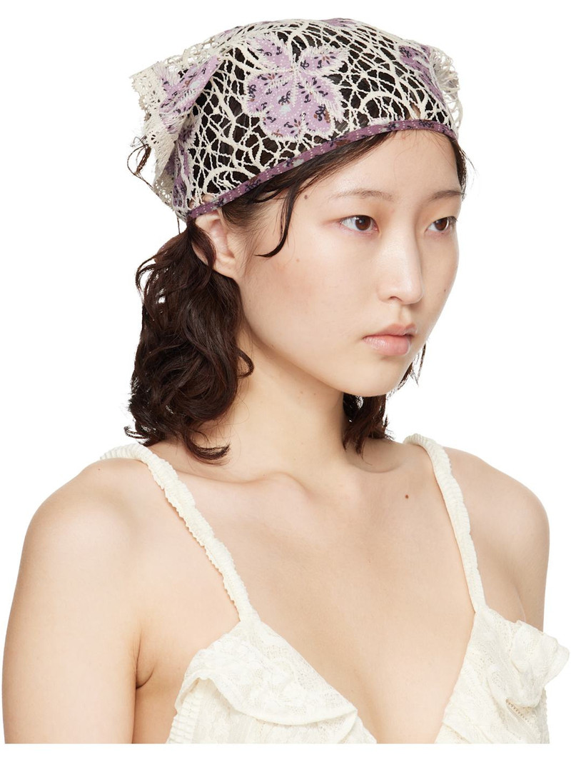 ANNA SUI Purple & Off-White Medallion Floral Lace Headscarf outlook