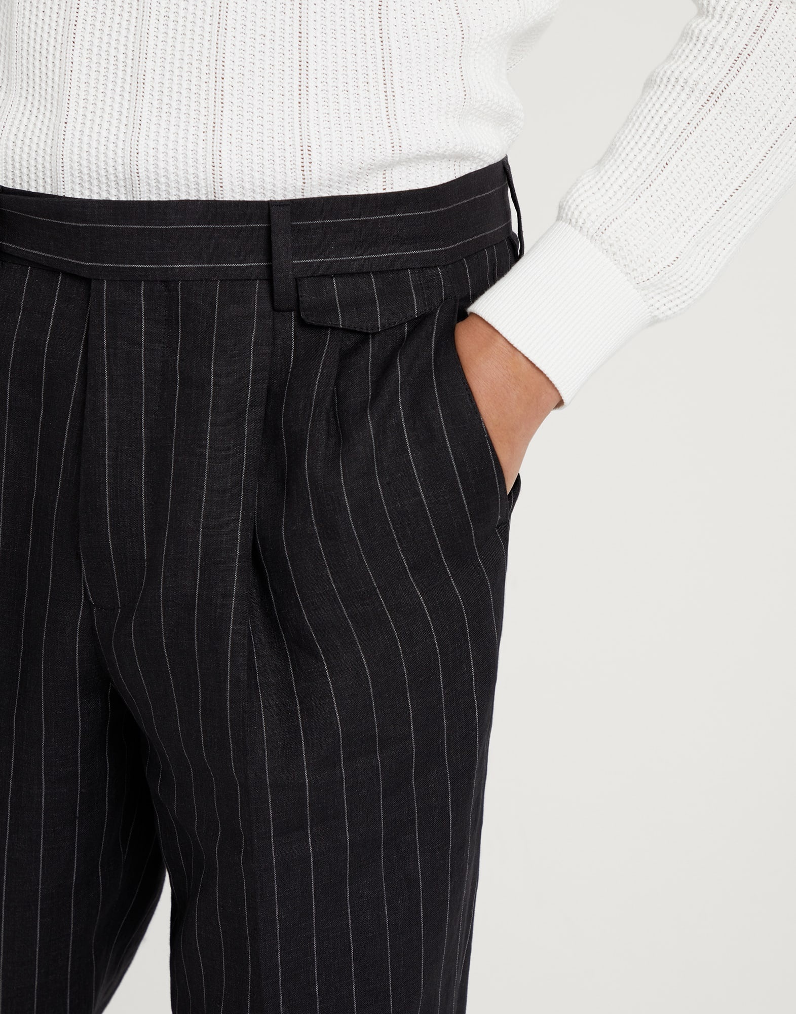 Linen chalk stripe leisure fit trousers with double pleats and tabbed waistband - 3