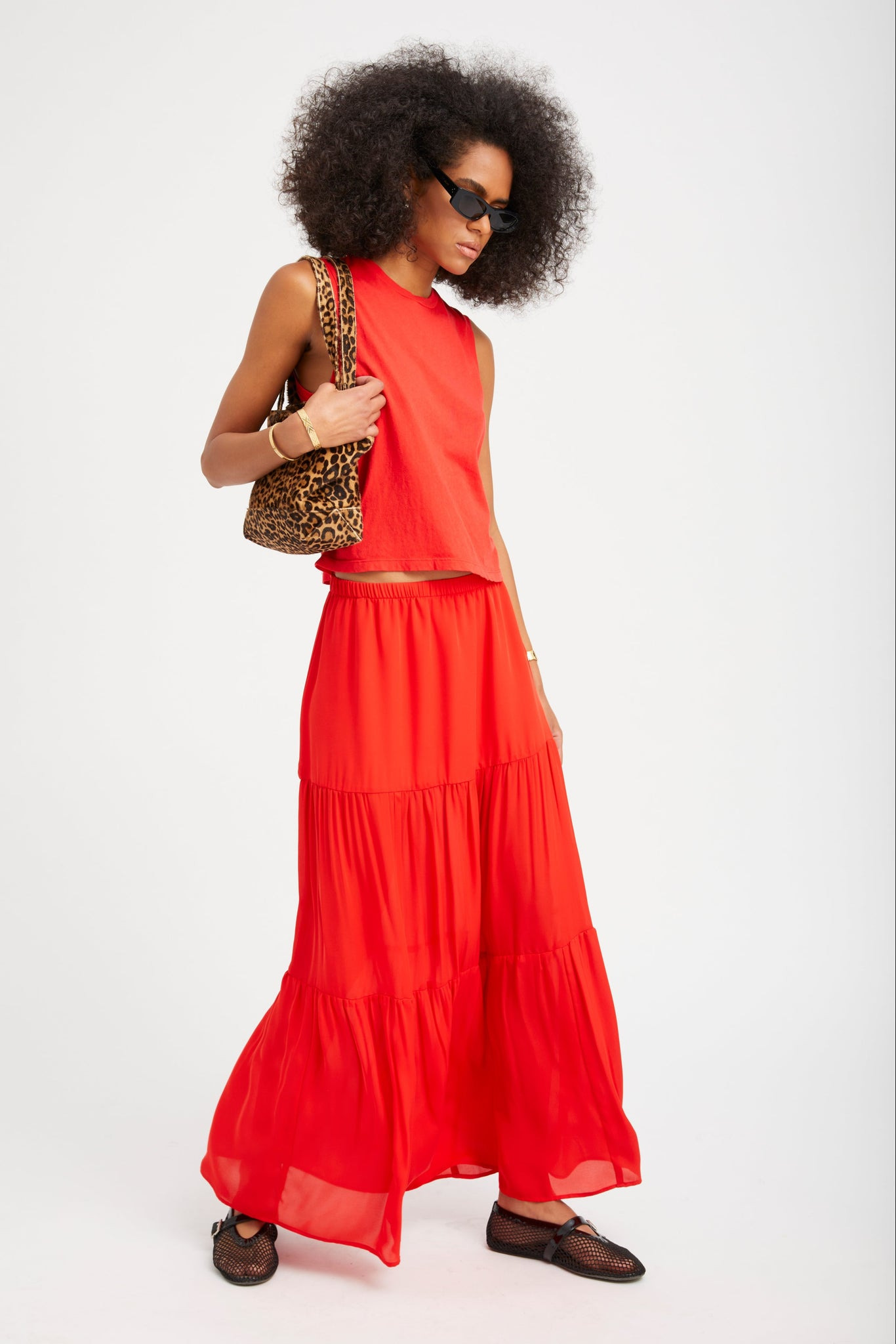 RED SILK TIERED MAXI SKIRT - 6