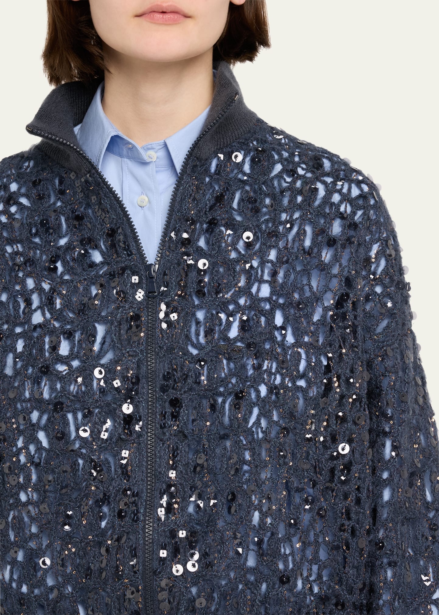 Wool-Cashmere Paillette Open-Knit Zip Cardigan - 5