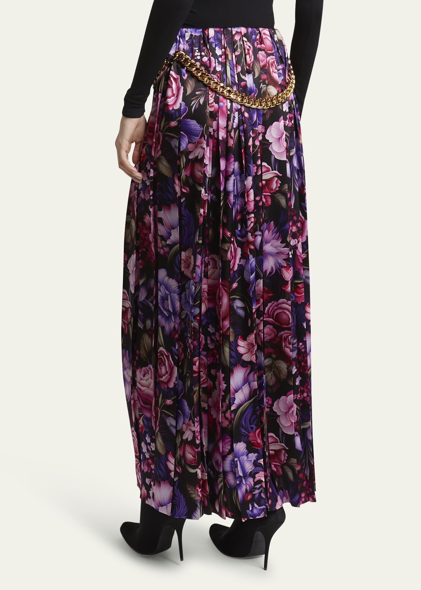 Floral Print Pleated Long Silk Skirt with Chunky Chain - 3