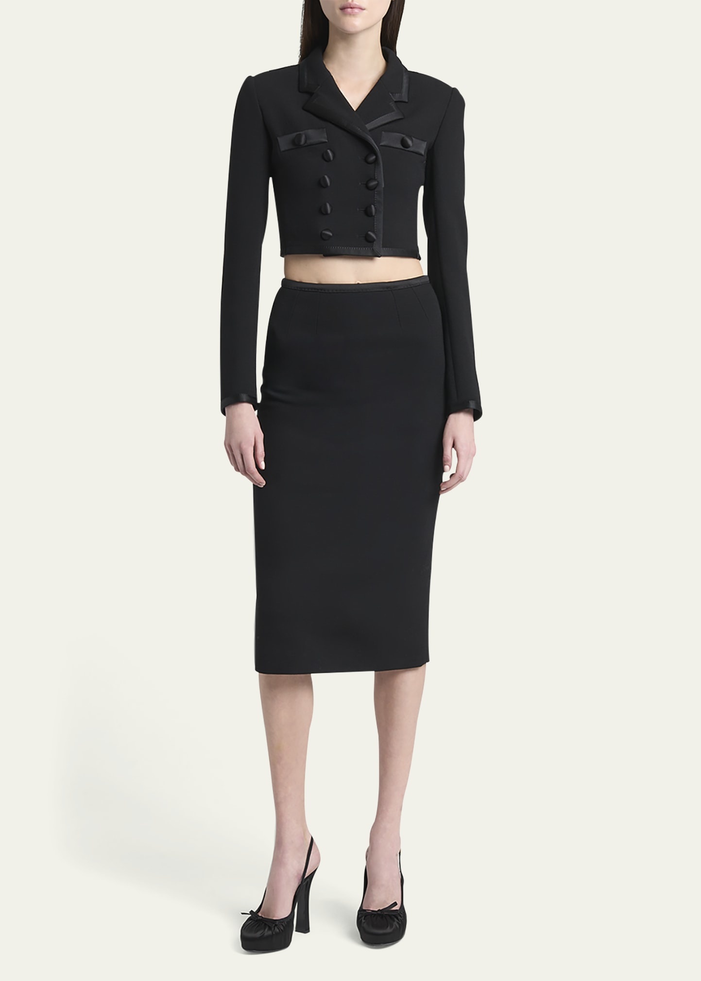 Satin-Trim Double-Breasted Crepe Crop Jacket - 2