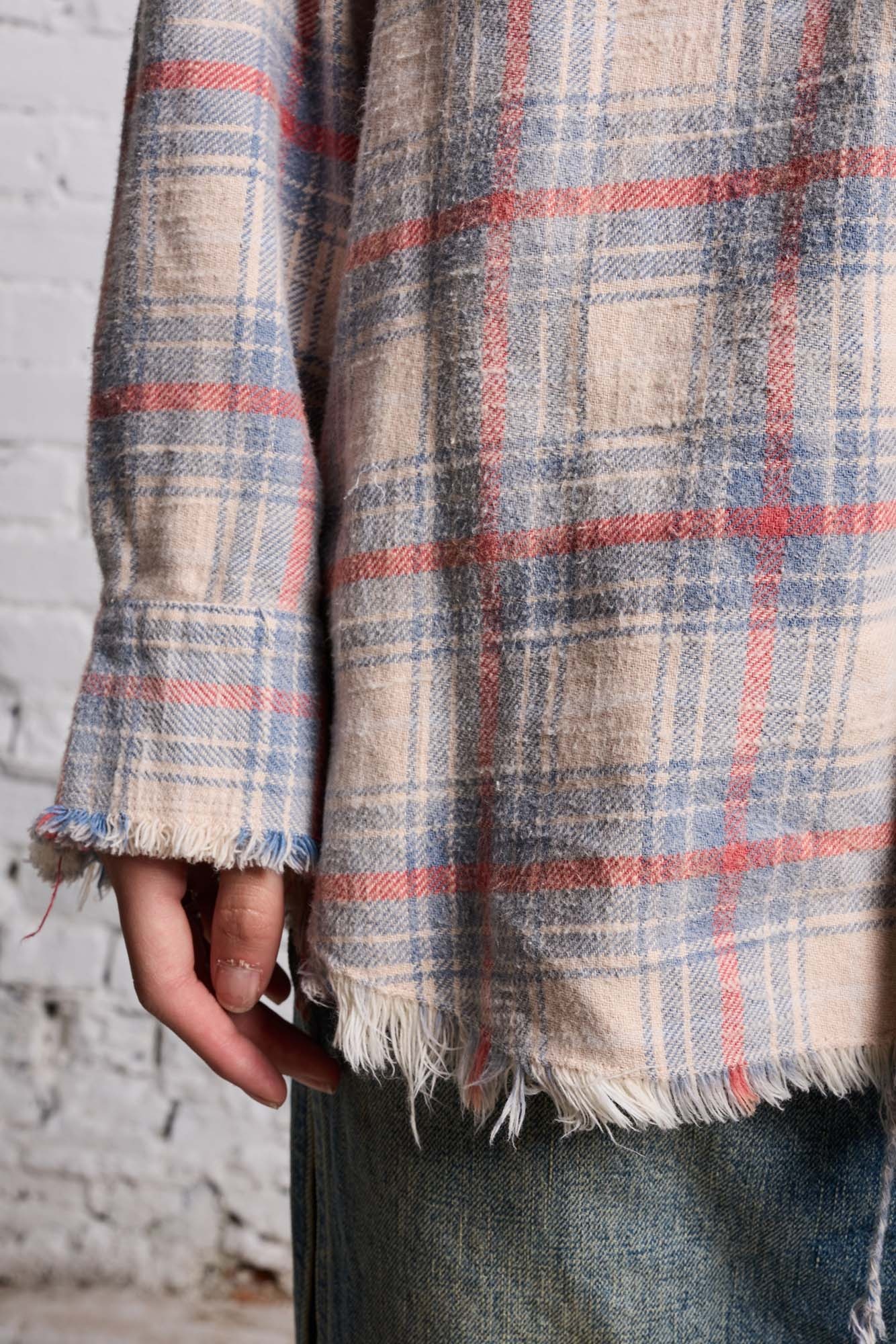 SHREDDED SEAM DROP NECK - BLEACHED ECRU PLAID - 8
