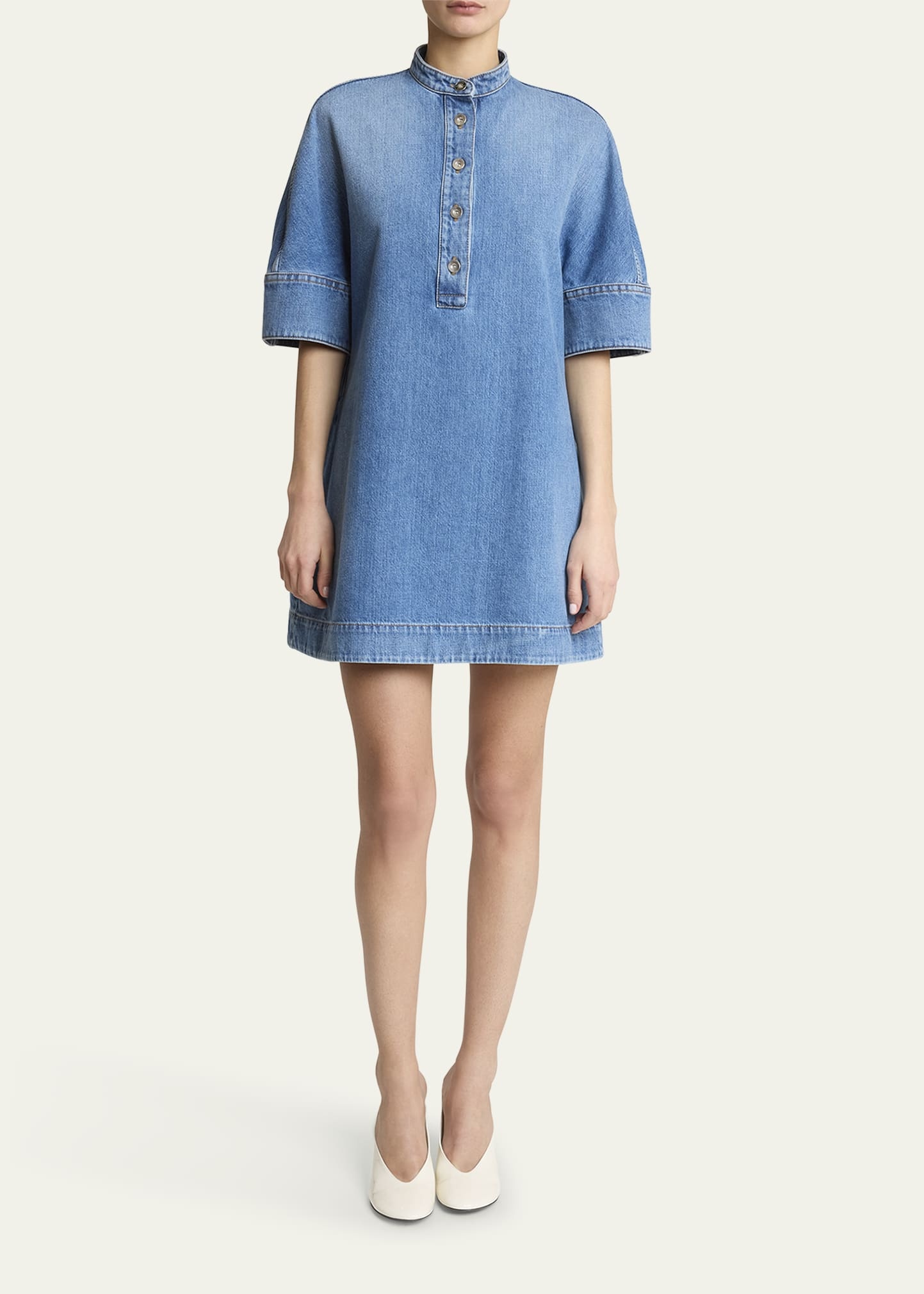 Short-Sleeve Denim A-Line Mini Dress - 2