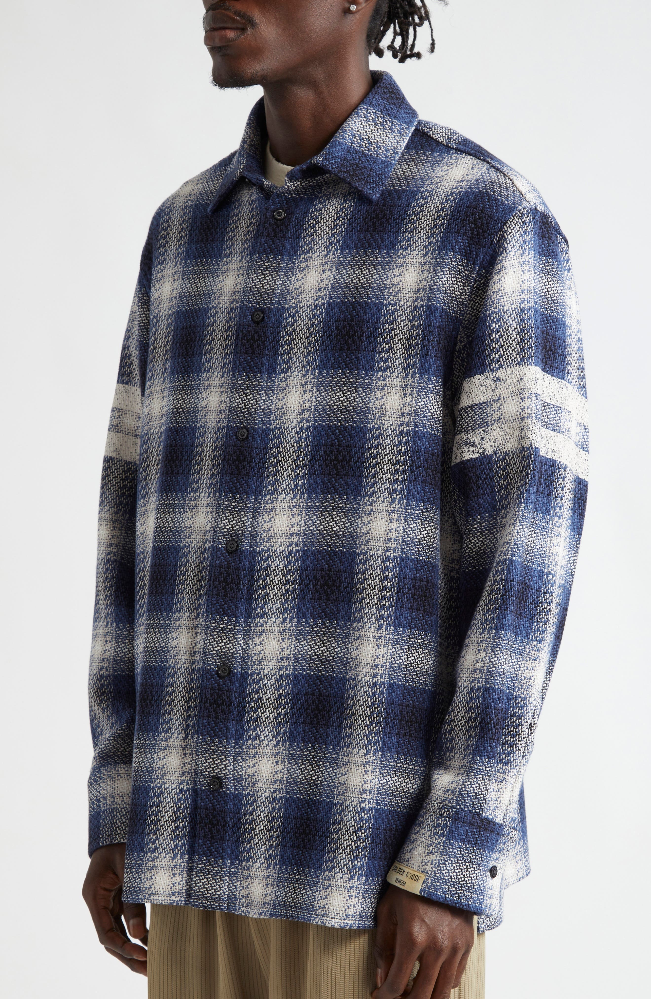 Golden Goose Journey Nolwenn Plaid Button-Up Overshirt in Ice/Indigo at Nordstrom - 5