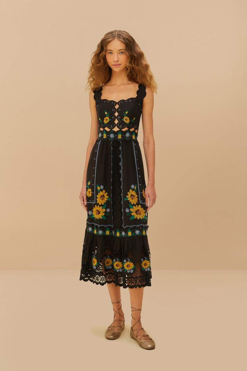 Black Cross Stitch Sunflower Richelieu Lenzing™ Ecovero™ Euroflax™ Midi Dress 1