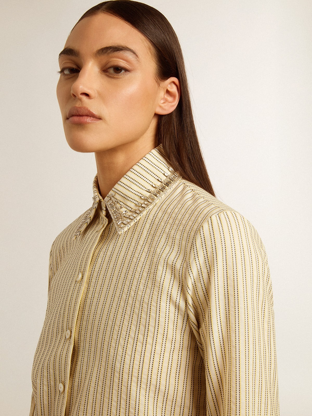 Ecru shirt with stripes and embroidered crystals - 5