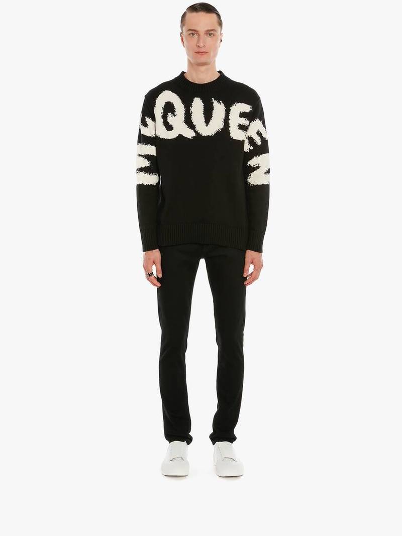 Alexander McQueen Men's McQueen Graffiti Denim Jeans in Black outlook