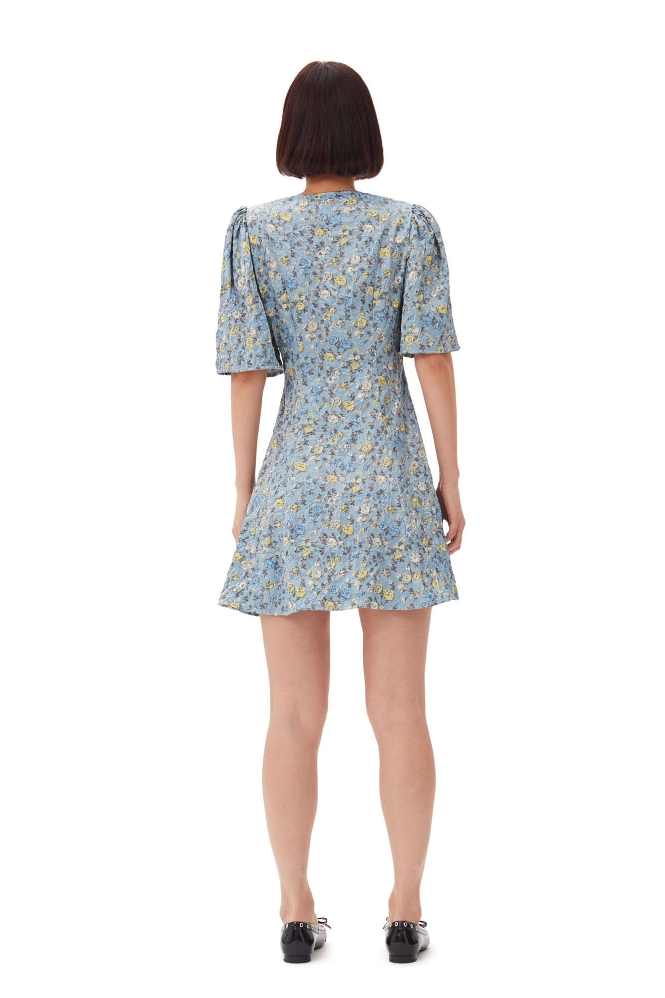 BLUE FLORAL PRINTED CRINKLED SATIN MINI WRAP DRESS - 6