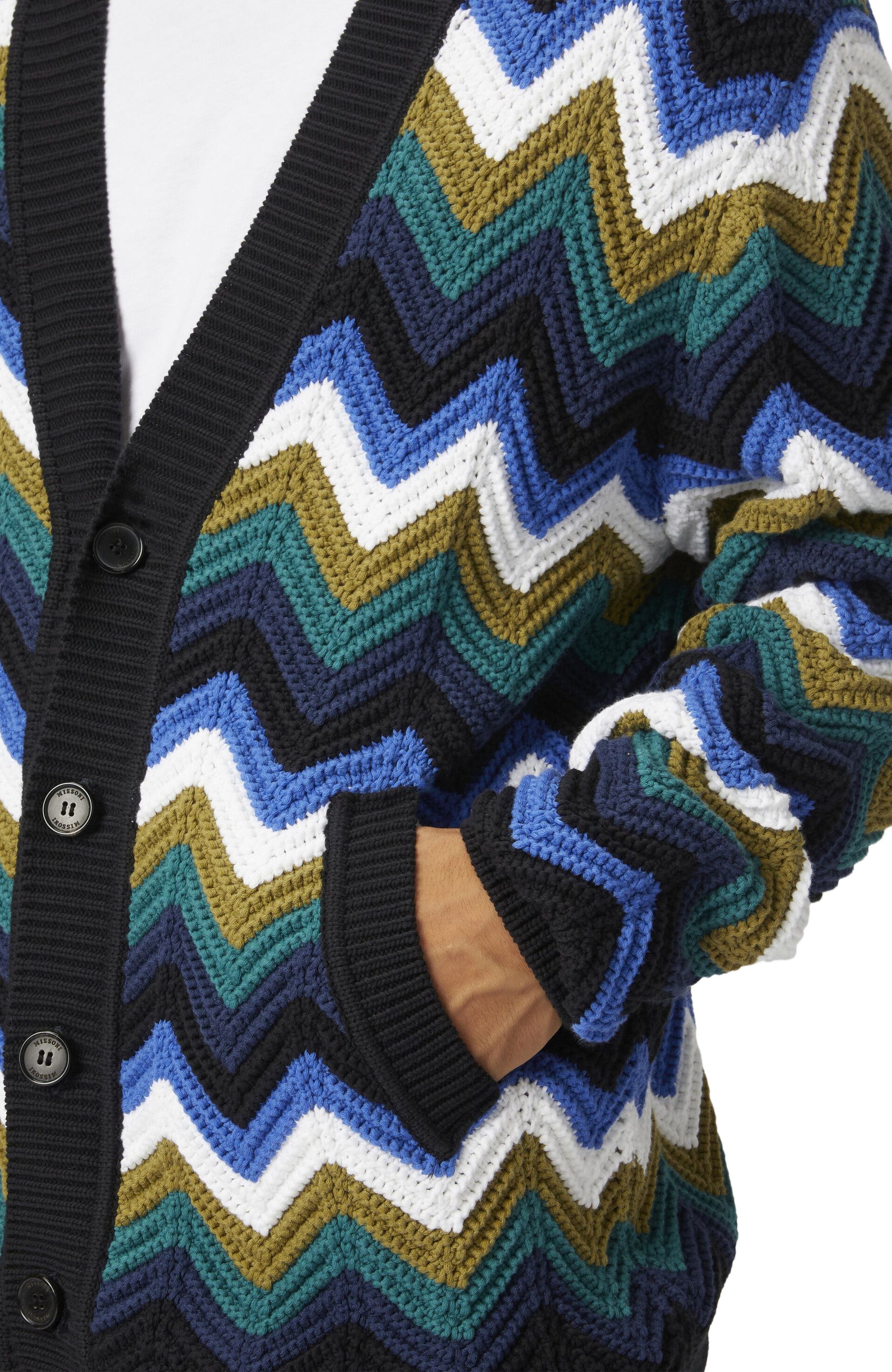 Missoni Chevron Knit Cardigan With Pockets And Contrasting Piping in Blue at Nordstrom - 4