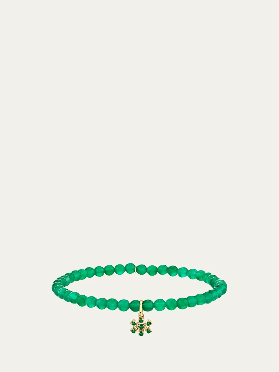 14K Small Marquise Emerald Charm on Green Onyx Bracelet - 1