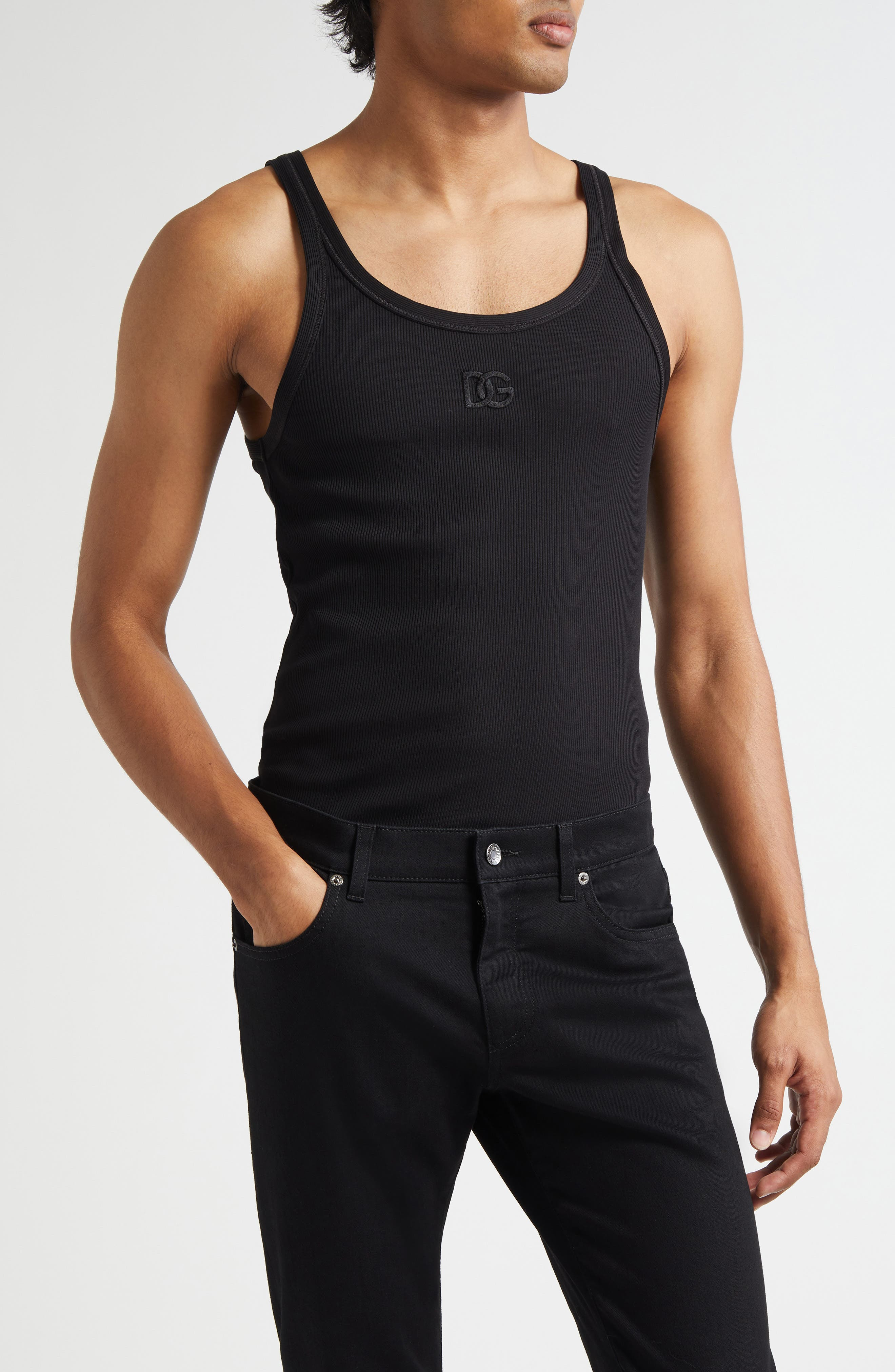 Dolce&Gabbana Embroidered Logo Rib Tank in N0000 Nero at Nordstrom - 1